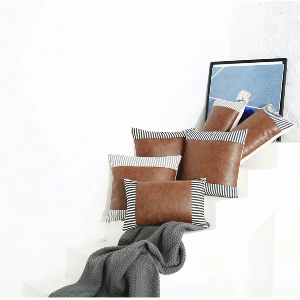 Luxury Home | Rustic Farmhouse Grey Striped Faux Leather Throw Pillow Covers